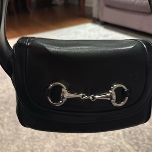 High fashion black leather crossbody with silver horse bit  buckle